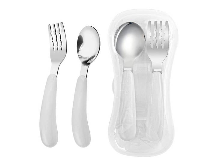 Kinderbesteck Set 2-teilig mit Reiseetui Weiß, Metall, Füttern, Kinderbesteck