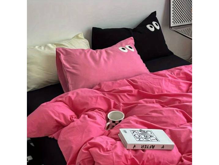 Ensemble de housse de drap et taie d'oreiller pour la maison, linge de lit monochrome, drap chaud, grands yeux coréens, couverture de document mignon, pleine taille Queen, sans remplissage