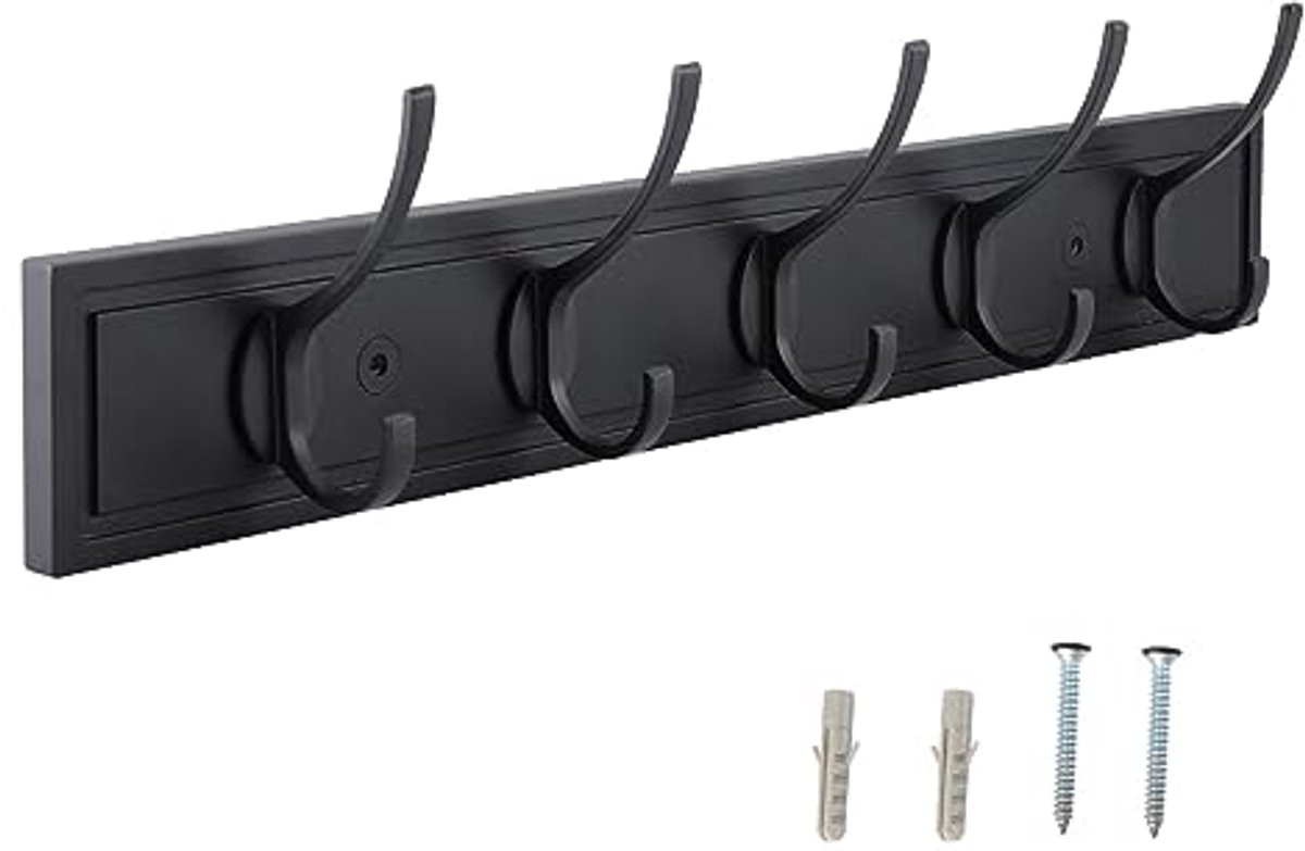 Zwarte houten wandkapstok met 5 haken voor jassen en accessoires