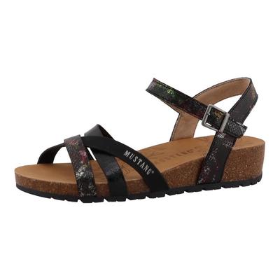 Sandalette MUSTANG SHOES "Magnolia", Damen, Gr. 37, Textil, schwarz (schwarz multi), Lederimitat, Textil, Schuhe Sandalette, Riemchensandale, Sommerschuh mit modischem Druck