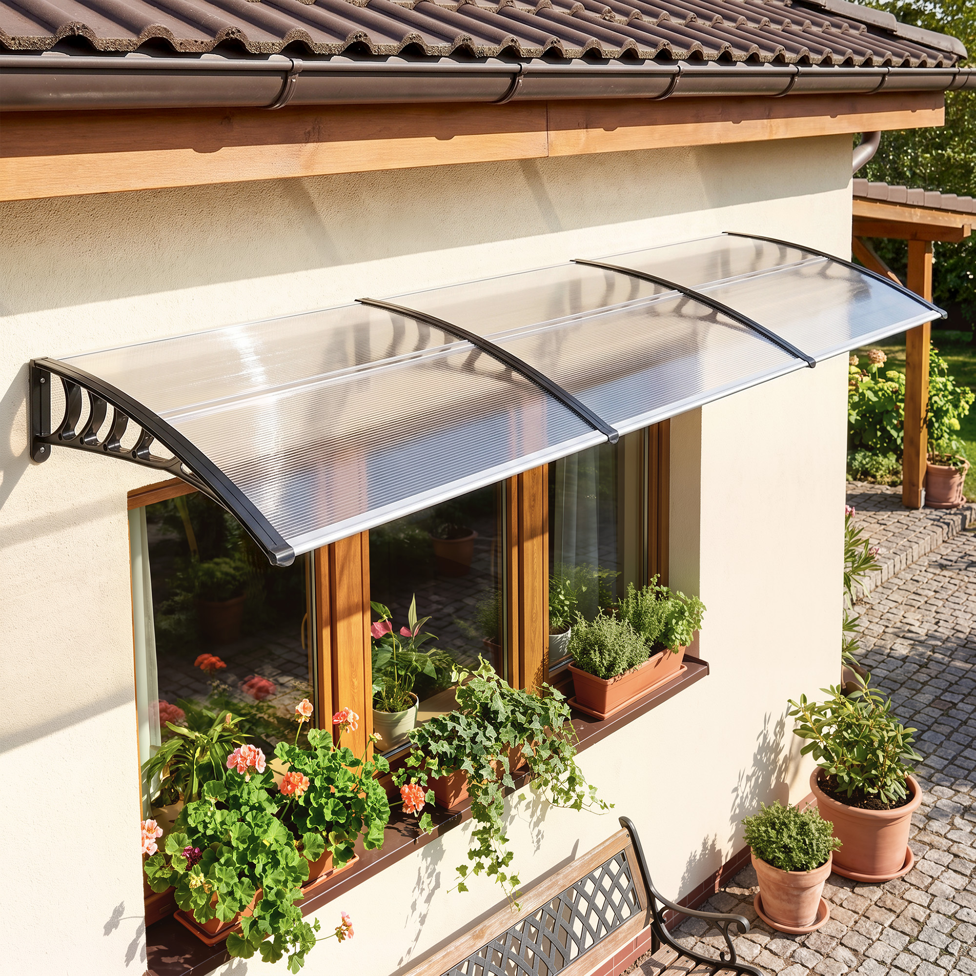 Outsunny Tenda da Sole Curva con Viti e Bulloni Inclusi, in Policarbonato, PP e Alluminio, 122x89x24 cm Aosom