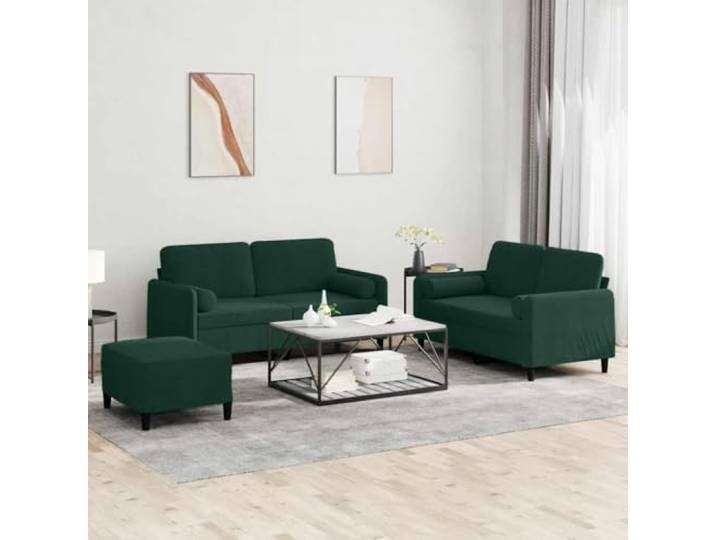HEFZGDB 3-TLG. Sofagarnitur mit Kissen Dunkelgrün Samt – Weiches Velours Sofa Set mit robustem Metallgestell, bequemer Sitzkomfort und praktischem Hocker für Wohnzimmer Entspannung