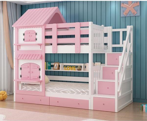 360Home Buntes Kinder Etagenbett mit Rutsche Spielbett Children bunk bed 1200x2000mm Stufen mit Stauraum Rosa