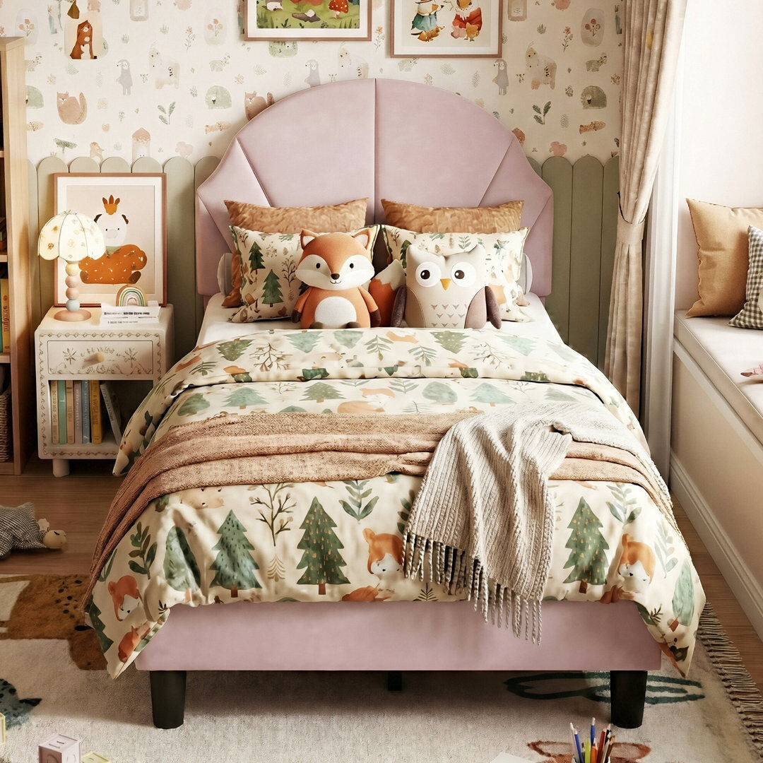 Canora Grey UK & EU Kids Velvet Bed Frame, Scalloped Shell Upholstery Bed with Height-Adjustable Headboard, Beige/Pink Pink European Single (90 x 200 cm)