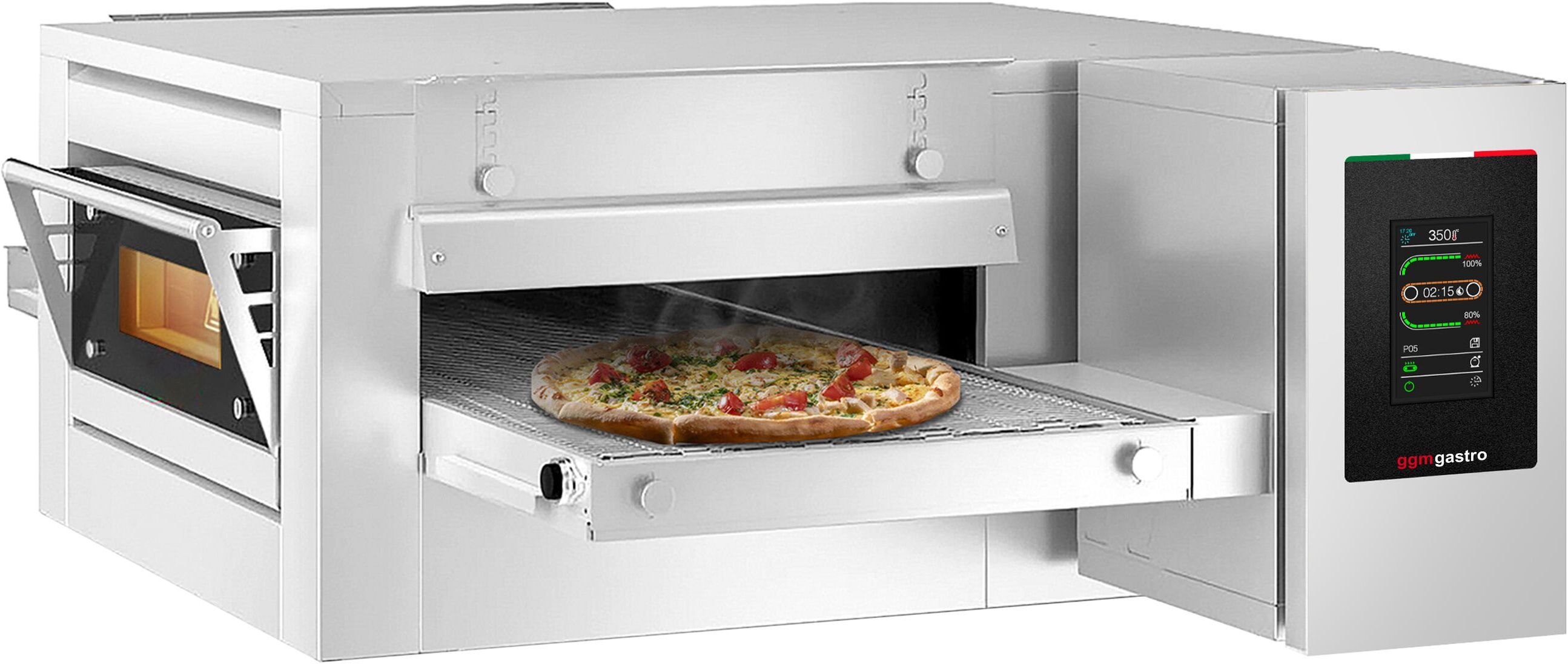 GGM Gastro Professionele doorloop pizzaoven - elektrisch - 1820x2450x720mm - 1 kamer - tot 350°C - Touch - Bandbreedte: 1000mm zilver