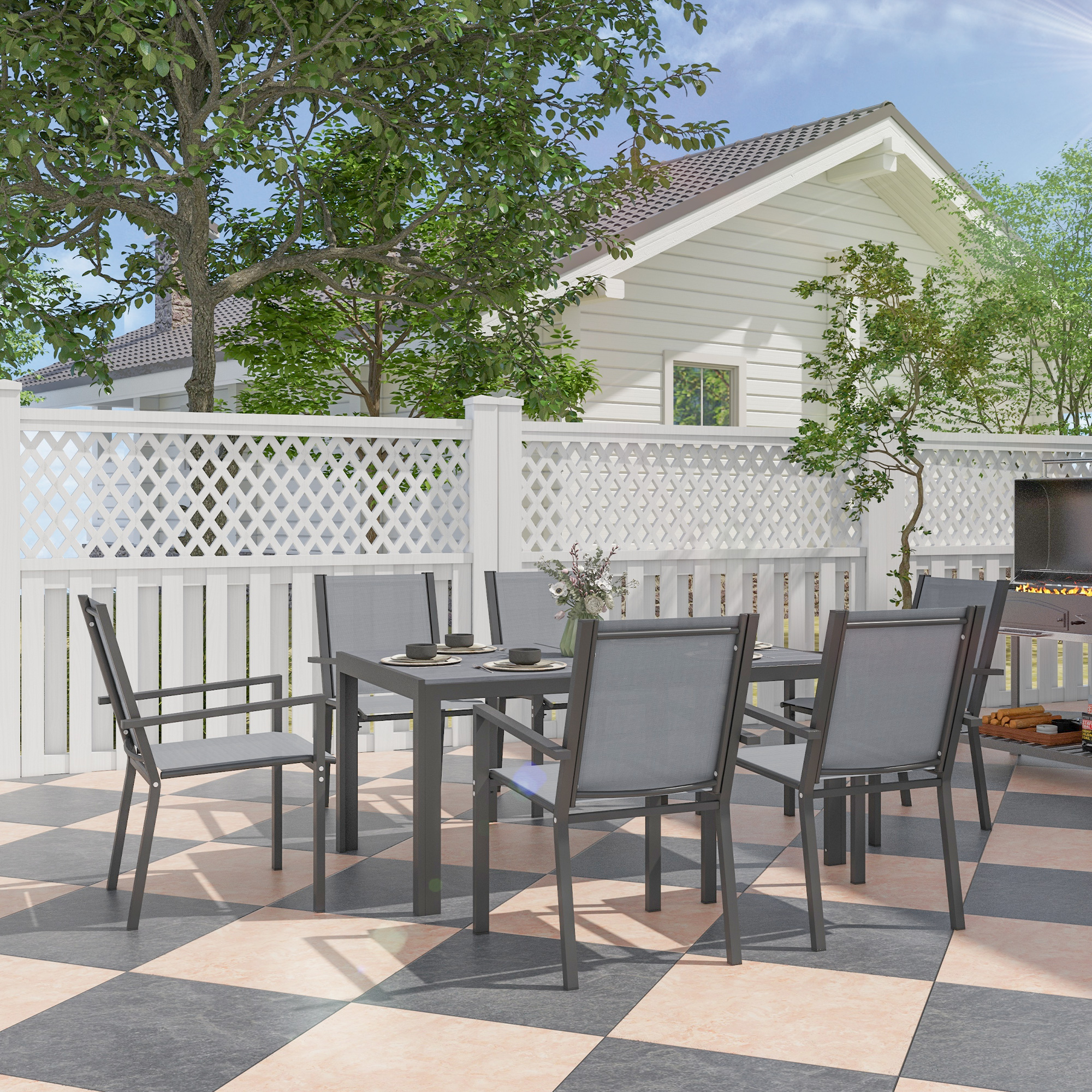 Outsunny Set Tavolo da Pranzo Rettangolare e 6 Sedie Impilabili per Giardino, Grigio Chiaro   Aosom Italy