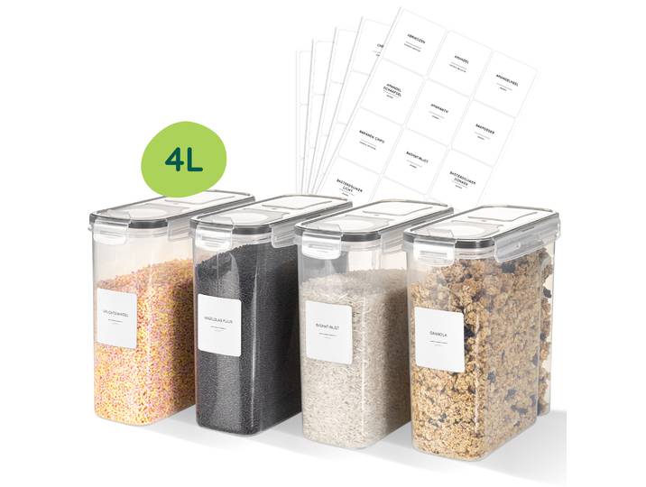 XIVADA Voorraadpotten Ella - 4L - 192 stickers - Transparant - 4 stuks