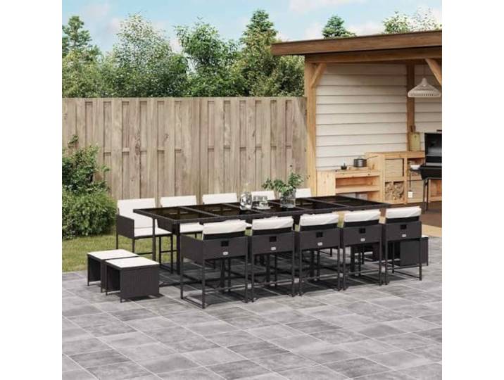 KTHLBRH Gartenmöbel-Set, 15-teilig, mit Kissen, schwarz Strapazierfähiges Polyrattan, Klappstühle, Glastisch, waschbar