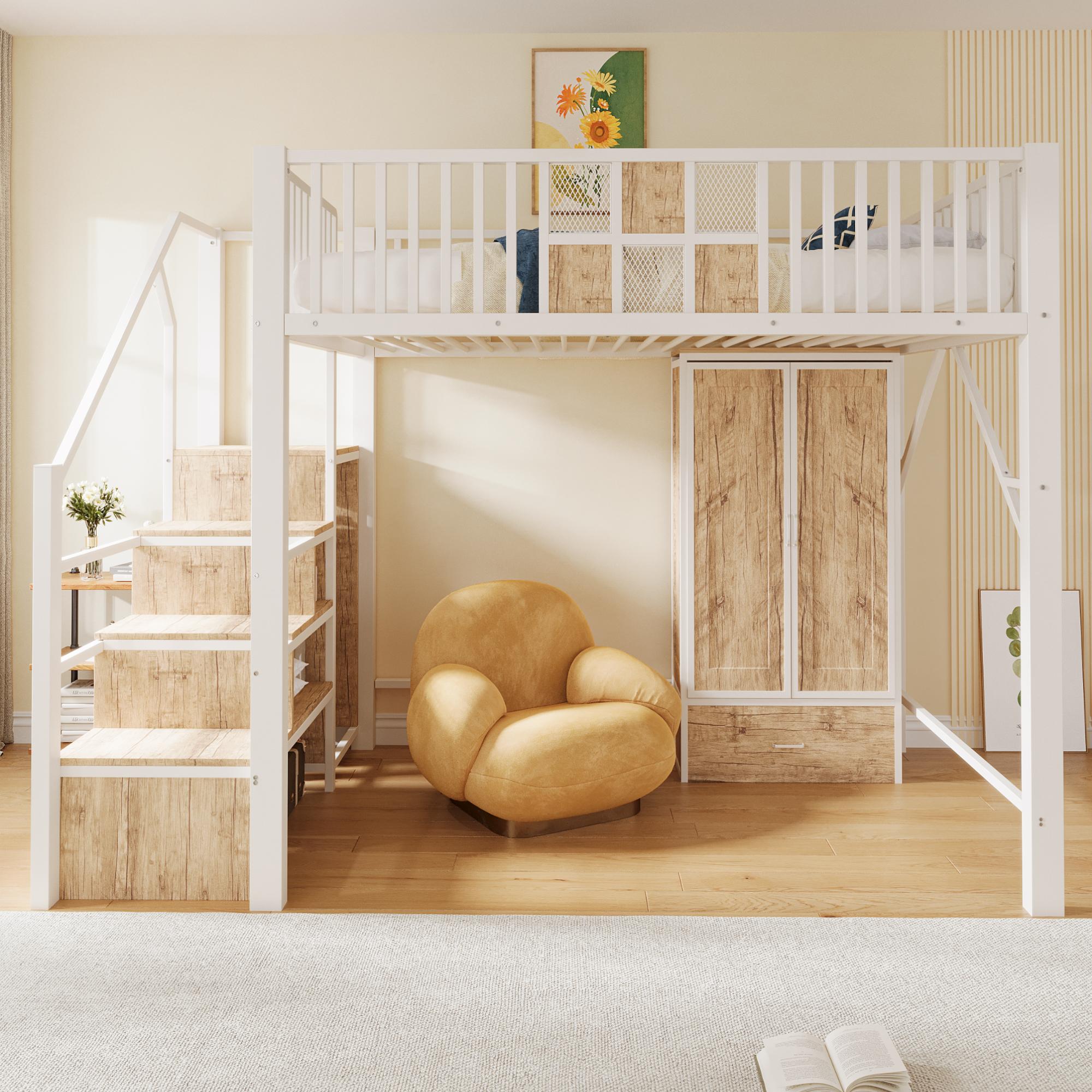Merax Metall-Hochbett 140x200cm mit Kleiderschrank und Aufbewahrungsleiter, Kinderbett mit Schubladen, Holz-Metall-Geländer, modernes Loftbett Weiß