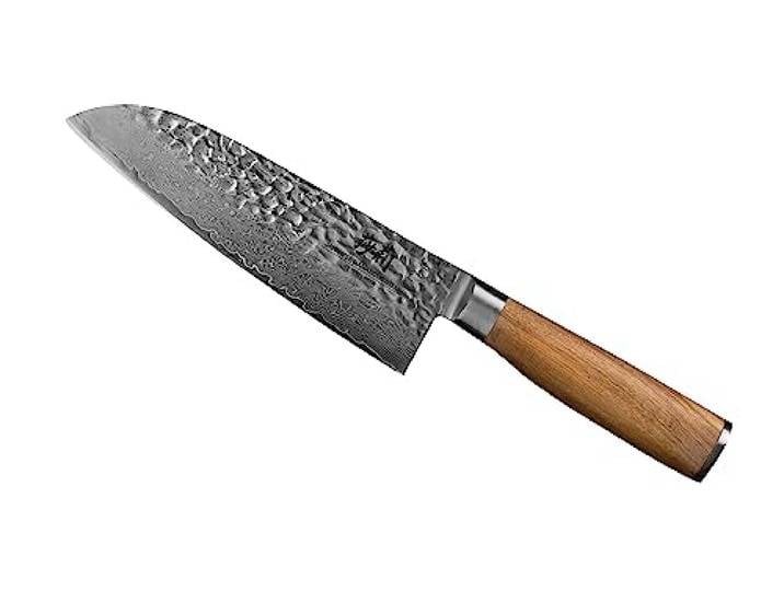 Sallys Santoku Messer- aus rostfreiem Damaszener-Stahl - Griff aus hochwertigem Olivenholz, inkl. edler Holzbox zur sicheren Aufbewahrung, 67-lagigen VG-10-Damaskus-Stahl