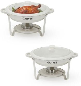 Garvee Round Chafing Dishes for Buffets, 5QT Maifanite-Coated White Buffet Set with Glass Lids, Stainless Steel Food Warmers