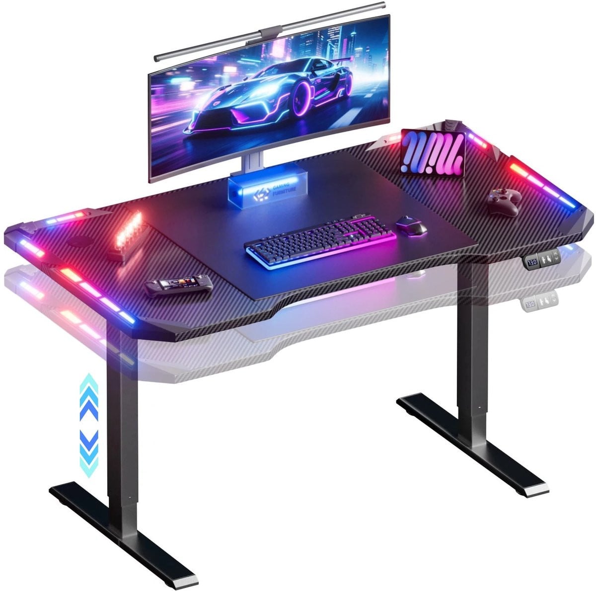 Elektrisch verstelbaar gaming bureau met LED-verlichting, Breedte: 120 cm