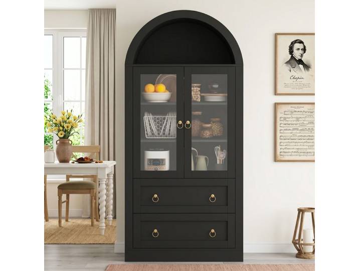 Meuble de rangement arqué 80x36x170 cm avec 2 portes vitrées et 2 tiroirs Armoire vitrine haute noir
