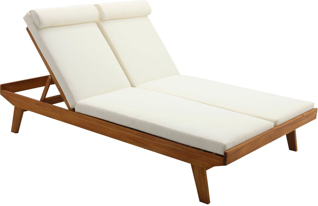 Miliboo Doppelsonnenliege mit mehrfach verstellbarer Rückenlehne weiß und Massivholz B127 cm CARACAS