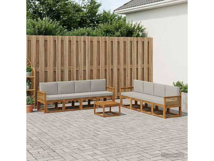 HFMDRMU Outdoor-Sofagarnitur 9-teilig aus massivem Akazienholz mit Lattenrahmen, hellgrauen Polyesterkissen, für Garten und Terrasse