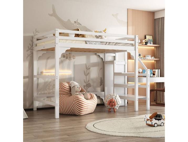 MODERNLUXE Lit mezzanine 140x200cm avec marches penderie rangements blanc