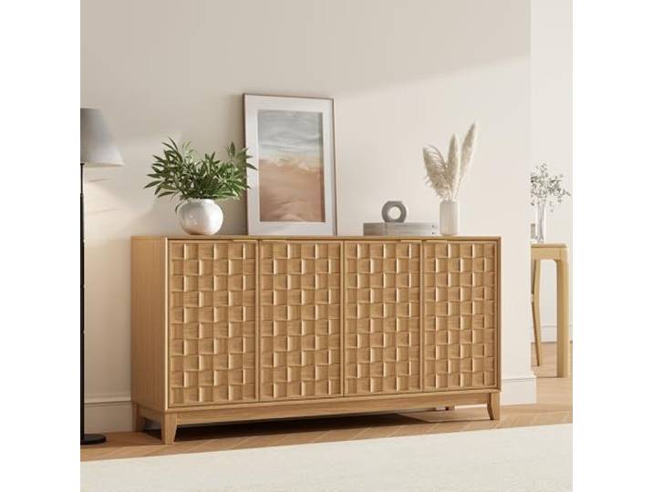 COLAMY Sideboard 150 cm Holz mit Stauraum, Wohnzimmer Kommode mit verstellbaren Einlegeböden, Moderner Küchenschrank, Buffet Schrank mit 3D Holzfront, Naturholzfarbe