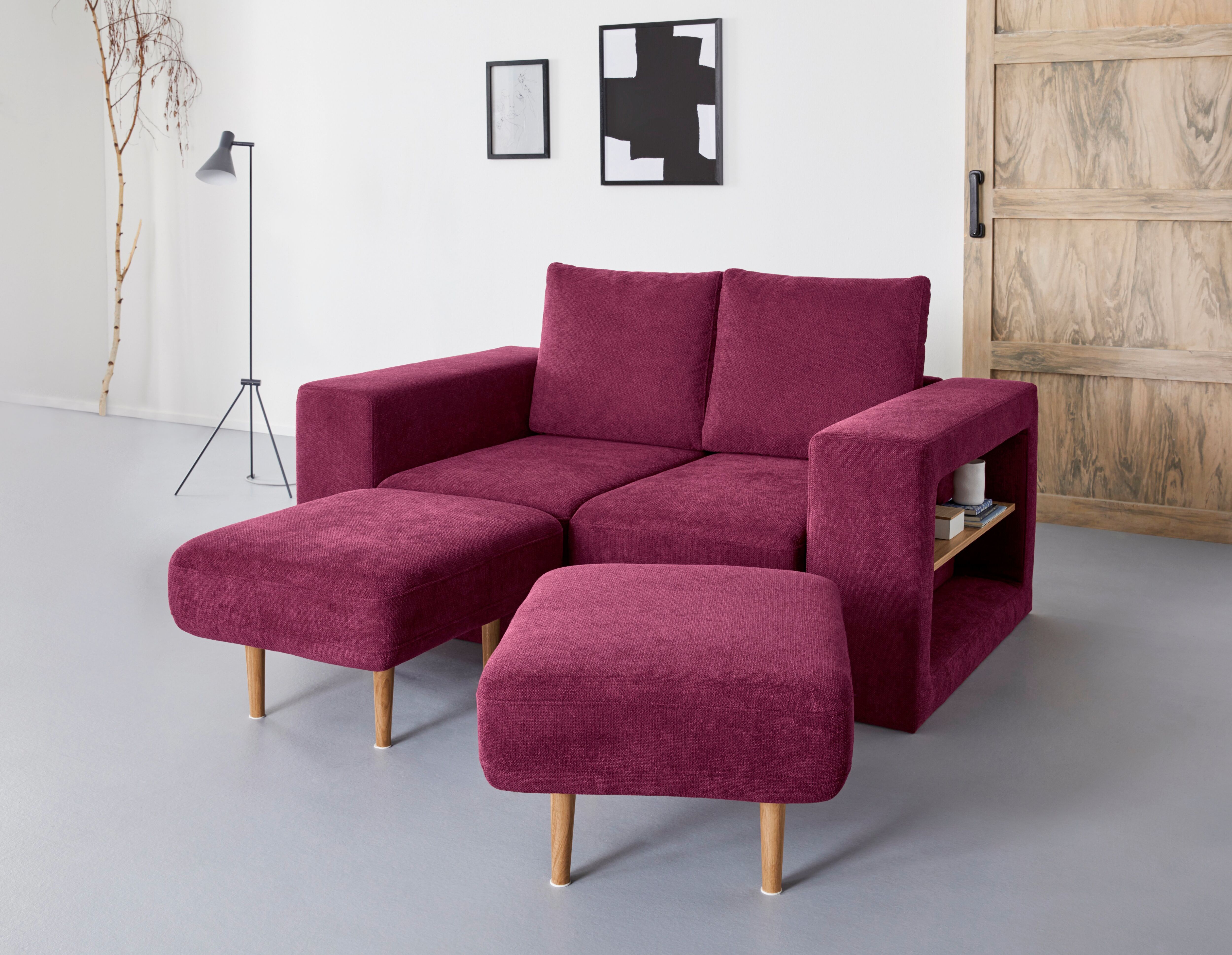 2-Sitzer "Looksvb", lila (beere), B:172cm H:96cm T:107cm, LOOKS BY WOLFGANG JOOP, Sofas, 2-Sitzer, Verwandlungssofa: aus Sofa wird Sofa mit 2 Hockern, mit Regalfunktion beere B/H/T: 172cm x 96cm x 107cm, Microflausch, 2 Hocker inklusive,Ablageboden in der