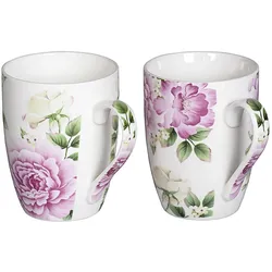 6x Dragimex, Tasse, Kaffeebecher Rose Porzellan spülmaschengeeignet sortiert 345 ml 10cm Ø8cm weiss/rosa (345 ml, 6x)