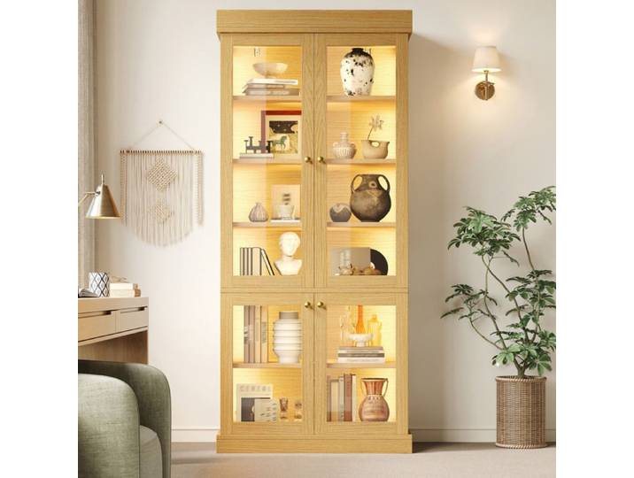 VUENOR Vitrine haute 4 portes vitrées bois naturel avec LED intégrée et anti-basculement