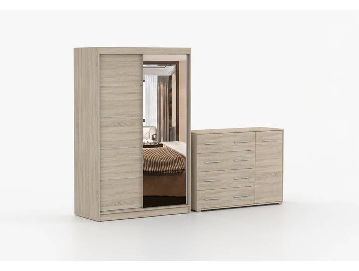 Schwebetürenschrank und Kommode 2er-Set NEOMI 05/FRIDA 02 Sonoma Eiche Sonoma Eiche + Spiegel