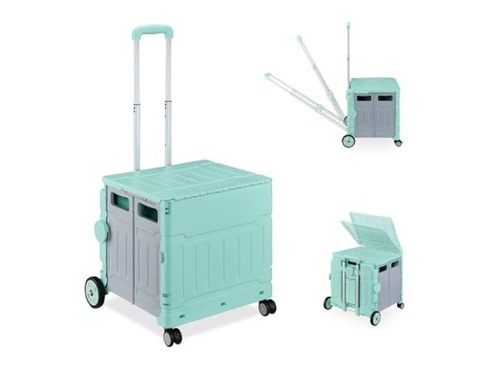 Relaxdays Chariot de Courses Pliable\, Caisse à roulettes\, Turquoise/Gris avec couvercle\, poignée inclinable\, 50 kg