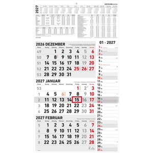 Zettler 3-Monatskalender 957-0011, mit Ferienübersicht, 3 Monate = 1 Blatt, mit Notizspalte, 33 x 59 cm, Jahr 2027