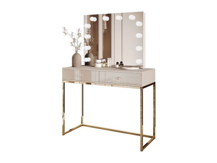 SCHMINKTISCH BLANCO KASCHMIR ELITE mit Spiegel und Beleuchtung goldener Chrom Kristallgriff