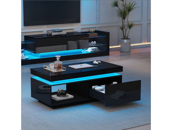 Ensemble Meuble TV 181x38x38 cm Table basse 100x50x40 cm Ensemble meuble de salon avec éclairage LED Pour salon Noir brillant