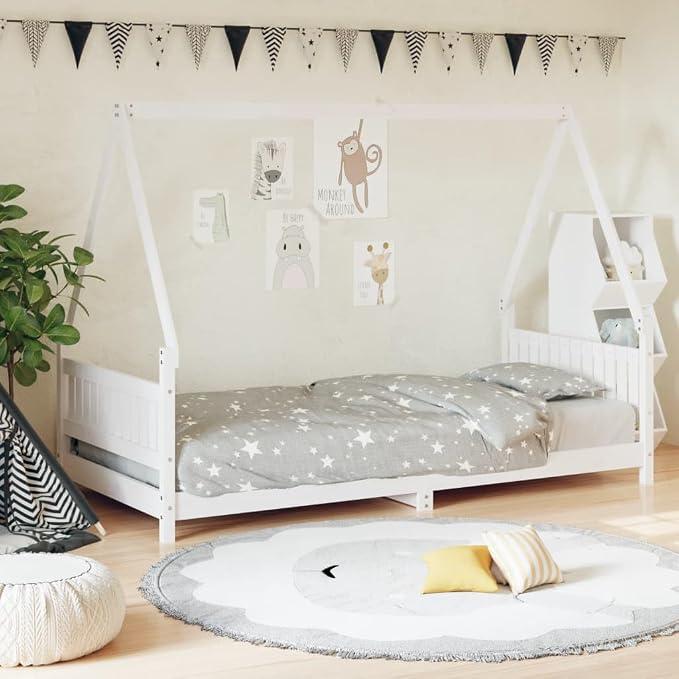 Weißes Kinderbett aus massivem Kiefernholz 90 x 190 cm, Hausbett mit Lattenrost, niedriges Bettgestell für Kinder ab 4 Jahren, stabiles Spielbett für das Kinderzimmer