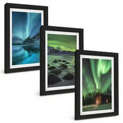BILDER SET 3er Set - 20x30 cm Schwarzer Rahmen - Winterlandschaften, Nordlichter, Berge