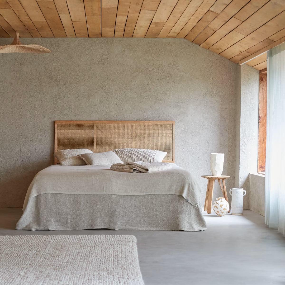 Tikamoon Hoofdbord van gevlochten rotan en massief hout, Beige, Breedte: 180 cm, Hoogte: 115 cm, Diepte: 3 cm