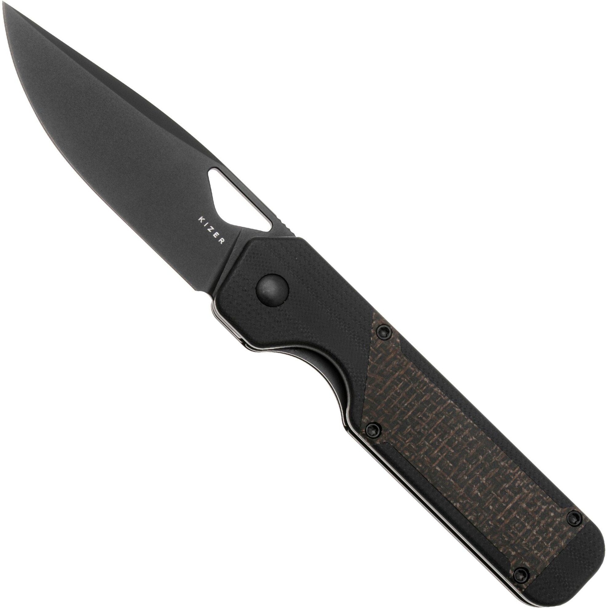 Kizer Vanguard Militaw V3634A1 Liner Lock, Black Nitro-V, Black G10, Burlap Micarta Inlay, coltello da tasca, Jonathan Styles design
