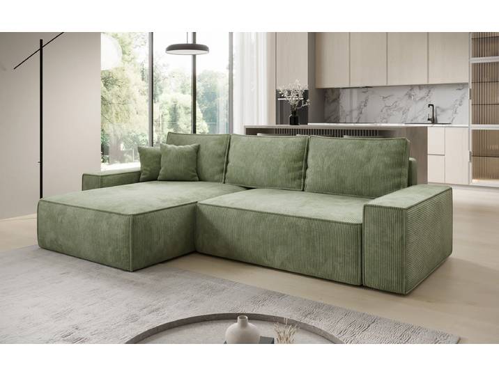 Designer Ecksofa Lunaro mit Schlaf- und Klappfunktion in Cord - Cord - Salbei - Links - Luxusbetten24