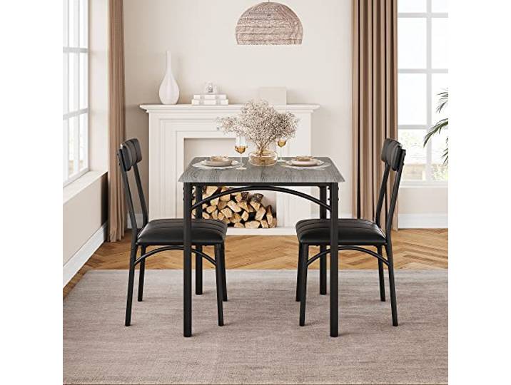 GarveeMore 3-Teiliges Esstischset Für 2 Personen, Kleiner Küchentisch Mit Gepolsterten Stühlen, Quadratischer Holztisch Mit Sitzpolster, Platzsparendes Essset Für Wohnung, Grau