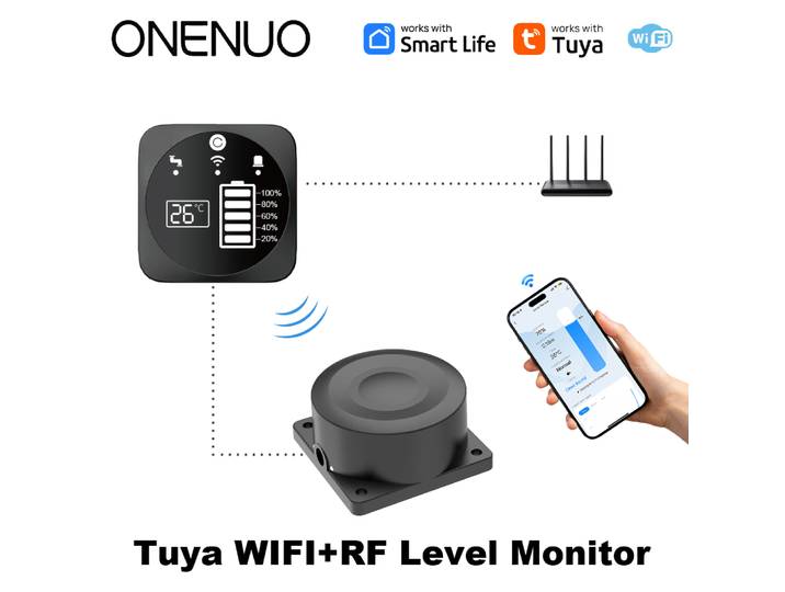 Capteur de niveau de liquide ultrasonique WiFi Tuya 433 MHz avec télécommande, moniteur de niveau de réservoir intérieur/extérieur avec alarmes via application pour la maison