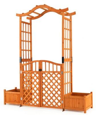 "Costway 83"" Garden Arbor with Gate and 2 Planter Boxes-Yellow"