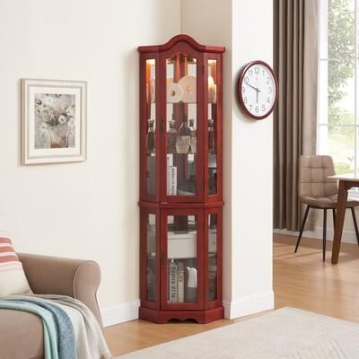Telepassa Lighted Corner Curio Cabinet with Tempered Glass Doors