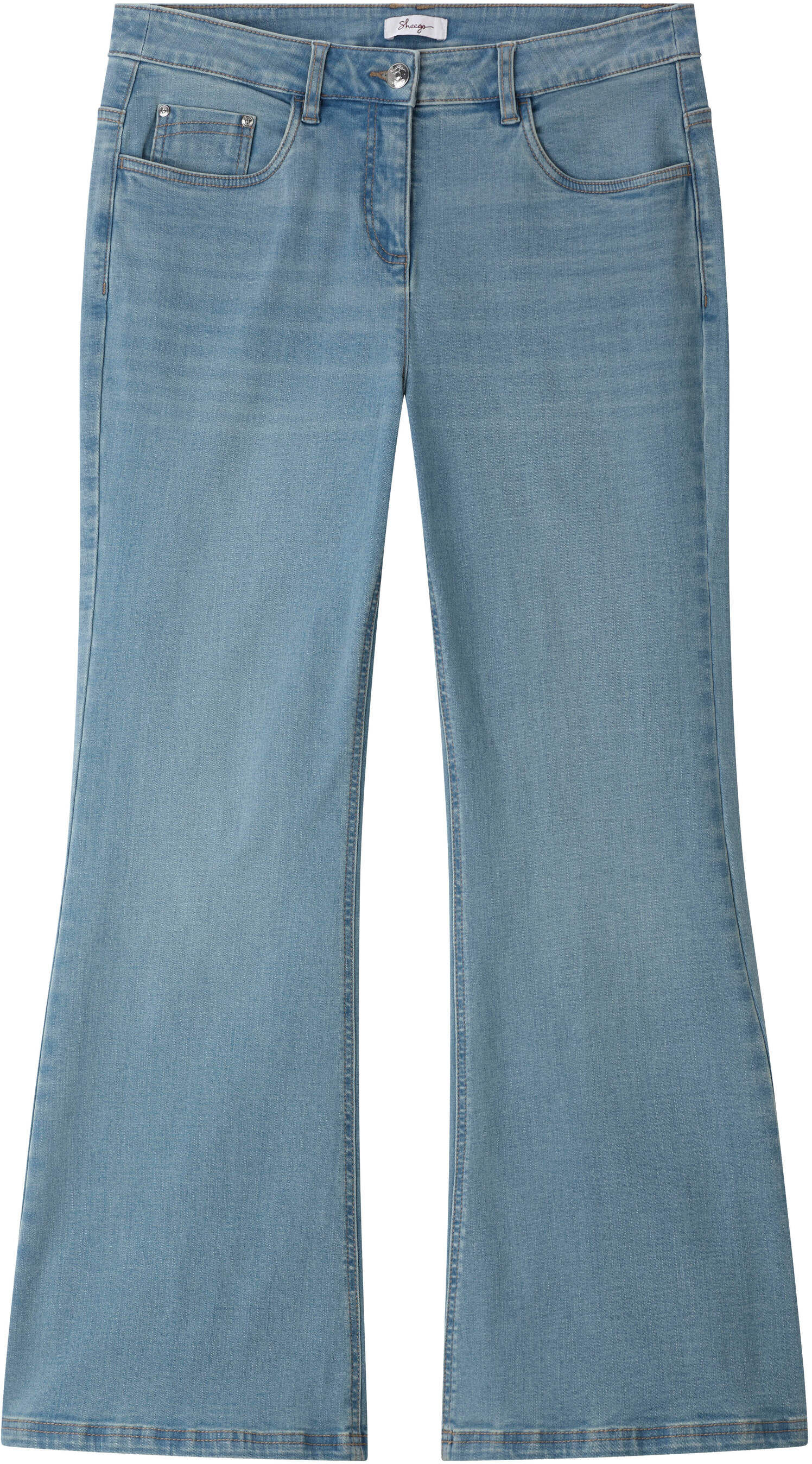 Bootcut-Jeans SHEEGO "Bootcut-Jeans Bootcut-Jeans mit stark ausgestelltem Saum", Damen, Gr. 50, N-Gr, blau (blau, bleached), Denim/Jeans, , Modisch, bootcut fit, Jeans Bootcut-Jeans