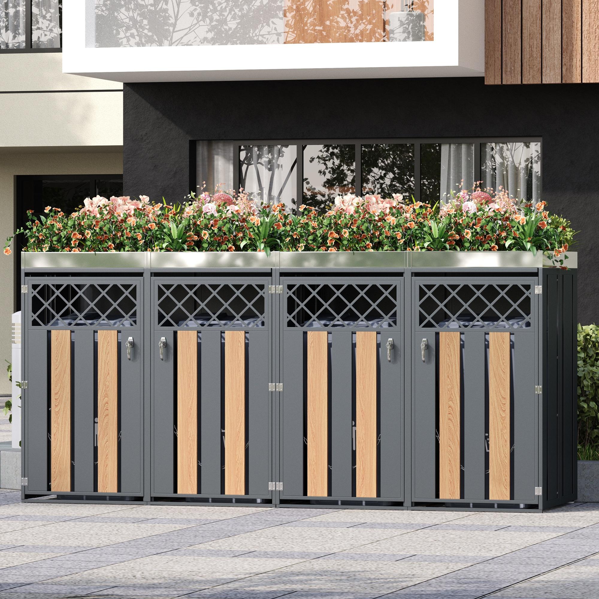 Flieks Mülltonnenbox 2er mit Pflanzfläche, Müllbox Mülltonnenschrank für 4 Tonnen, Mülltonnenverkleidung 120-240L, 264x80x124.5cm, Grau