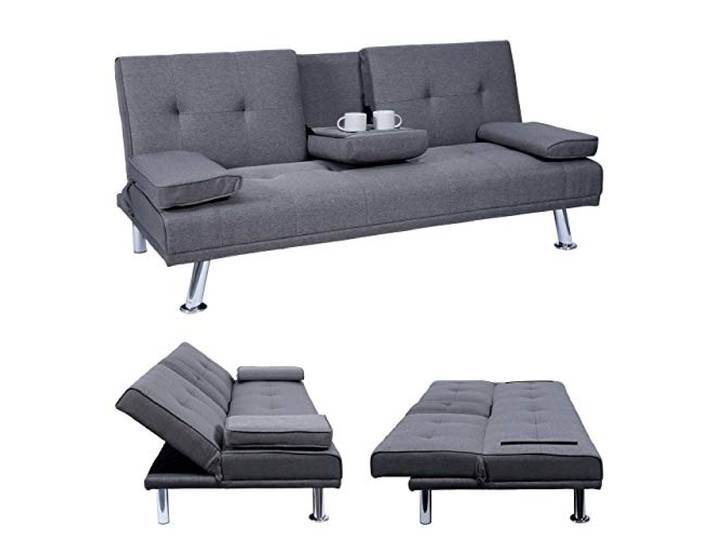 Mendler 3er-Sofa HWC-F60 97x166cm - Textil, dunkelgrau Couch, Schlafsofa, Gästebett, Tassenhalter, verstellbar