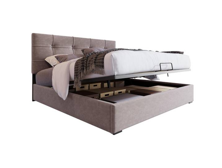 Modfu Polsterbett aus Samt 140x200 cm in Hellgrau mit Bettkasten, 140x200 cm, Schlafzimmer, Betten, Polsterbetten