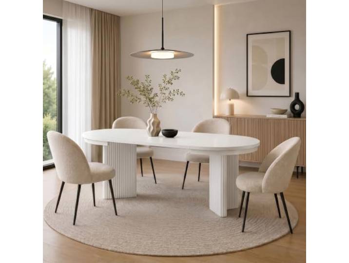 BEAUTY SOFA Esstisch Prestige ausziehbar 100–180 cm, runder Esstisch Ø 100 cm mit 2 Einlegeplatten, geriffelter Designfuß, laminierte Tischplatte, Weiß + Weiß