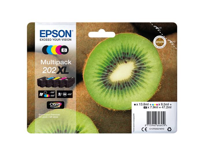 Epson Kiwi Multipack 5-colours 202XL Claria Premium Ink, Rendement élevé (XL), Noir, Photo noire, Cyan, Magenta, Jaune, Encre à pigments, Encre à colo