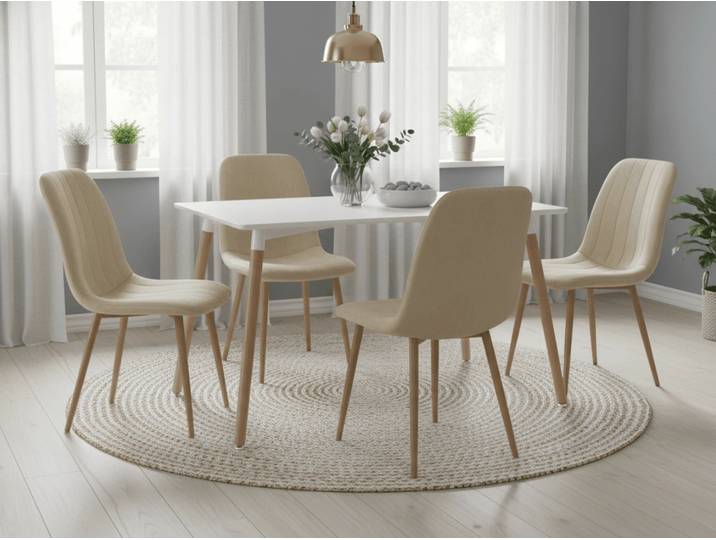 Essgruppe 1 + 4, weißer Esstisch ADRIA 120x80 cm + cremefarbener Samtstuhl LAVA