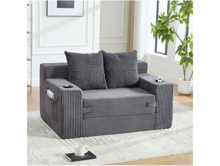 WOVREO Canapé compressé 2 places gris en velours côtelé avec pouf 2 coussins et porte-gobelets
