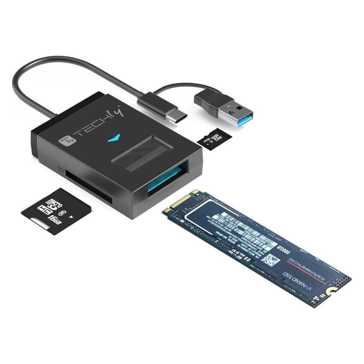 Techly Kieszeń Konwerter USB-A/C do dysków NVMe/SATA M.2 z czytnikiem SD/TF (USB-C) (TECHly)