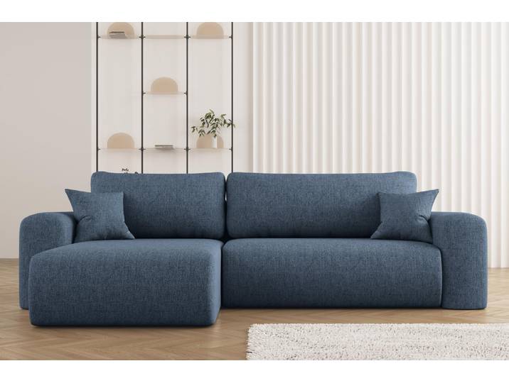 Ecksofa mit Schlaffunktion und für Bettzeug, L-förmiges Sofa, Capri Stoff Verita Links Marineblau