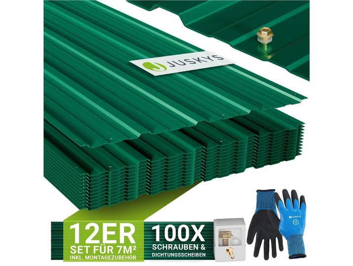 JUSKYS® Profilblech - Grün 12er Set, verzinkter Stahl, 129x45 cm, witterungsfest