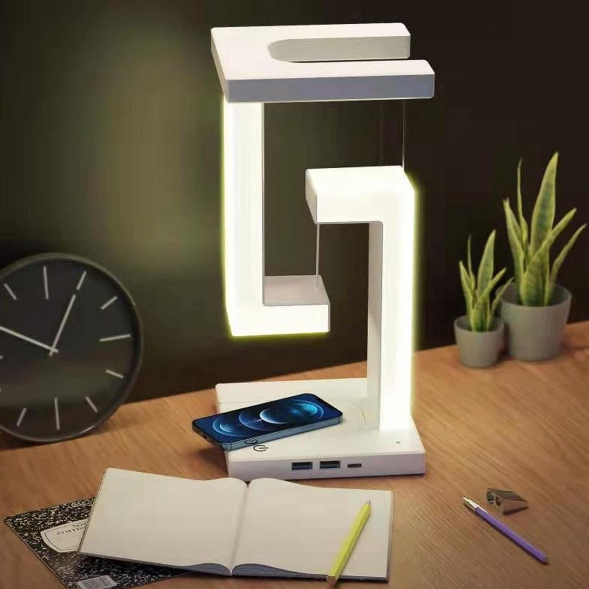 Zwevende Antizwaartekracht LED-Bureaulamp met Draadloze Oplader en Touch Control, Dimbaar, Warmwit Licht